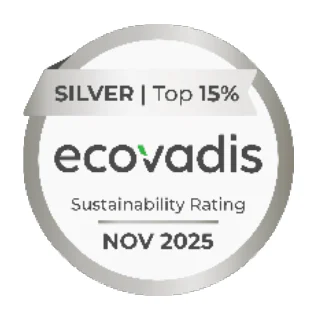 Médaille EcoVadis portant les mentions « SILVER | Top 15 % », « ecovadis », « Sustainability Rating » et « NOV 2025 »