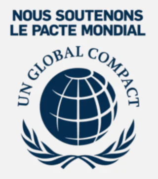 Logo « NOUS SOUTENONS LE PACTE MONDIAL » : emblème UN GLOBAL COMPACT, un globe entouré de lauriers