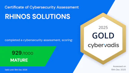 Certificat CyberVadis de RHINOS SOLUTIONS : score 929/1000, médaille 2025 GOLD (description détaillée ci-après).